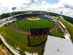 An aerial view of a baseball diamond, taken with a drone