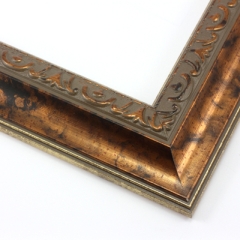 This classic, Victorian-style frame features a solid wood, reverse scoop profile.  The relief-detailed inner lip and sloped face are a mottled bronze foil, edged in a subtle bevel.

2 " width: ideal for medium size images. Border an acrylic or oil painting or print with this antiqued, high fashion frame.